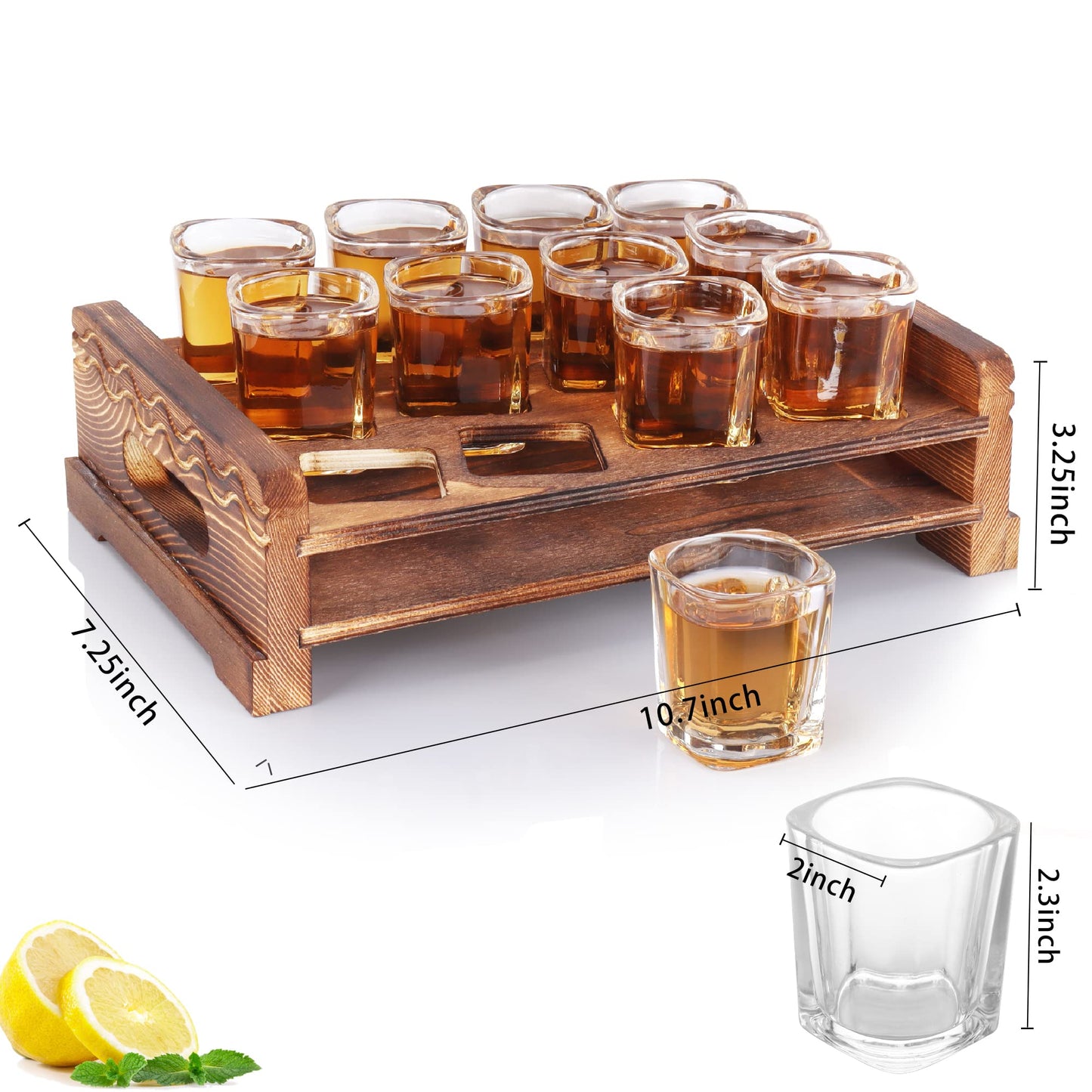 Vivimee Shot Glass Holder Set with 12 Clear 2.3 oz Square Crystal Shot Glasses & Rustic Burnt Wood Serving Tray for Whiskey, Tequila, Liqueurs, Party & Collection