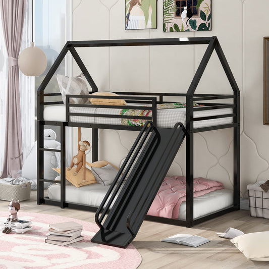 Merax Bunk Beds Built-in Ladder, Metal Frame House Bedframe, No Box Spring Needed, Twin Over Twin with Slide, Black
