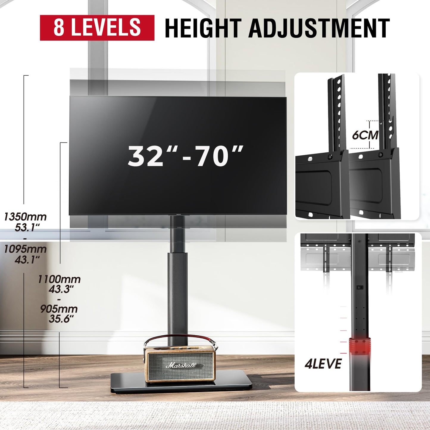 AOKCOS Floor TV Stand for 32-70" TVs, 60 Degree Swivel Floor Standing TV Stand with Tilting, 8 Level Height Adjustable Tall TV Stand for Living Room/Bedroom, Holds up to 88 lbs, MAX VESA 400x400mm