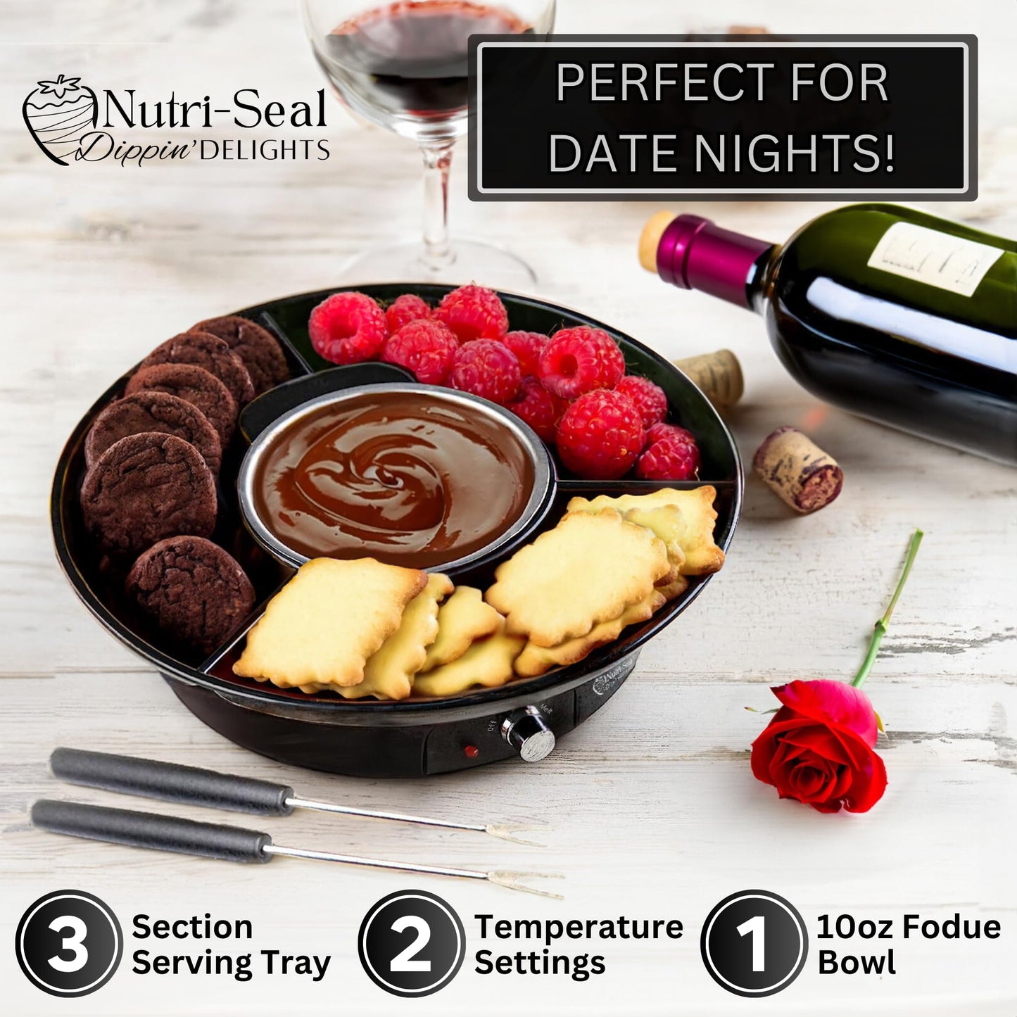 Dippin' Delights Premium Fondue Pot Electric Set - Perfect Chocolate Fondue Set for Parties, Gifting, and Date Night -Easy to Use & Clean - Detachable Tray w/4 Roasting Forks - Electric Fondue Pot Set