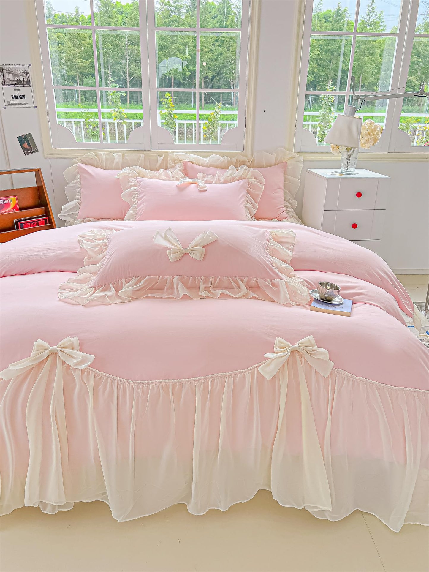 SOUKECHY Girls Lace Bedding,Pink Full Comforter Cover Set, Chic Ruffled Duvet Cover with Lovely Bow,Princess Style 1 Duvet Cover with 2 Pillowcases, No Comforter-Pink,Full Size