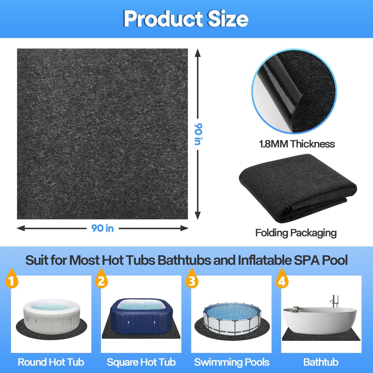 Cheungren 90"X90" Hot Tub Pad, Reusable Above Ground Pool Protector Mat, Large Inflatable Hot Tub Pad Waterproof Slip-Proof Backing Washable Protector Mat for Hot Tub Spa Pool Indoor Outdoor