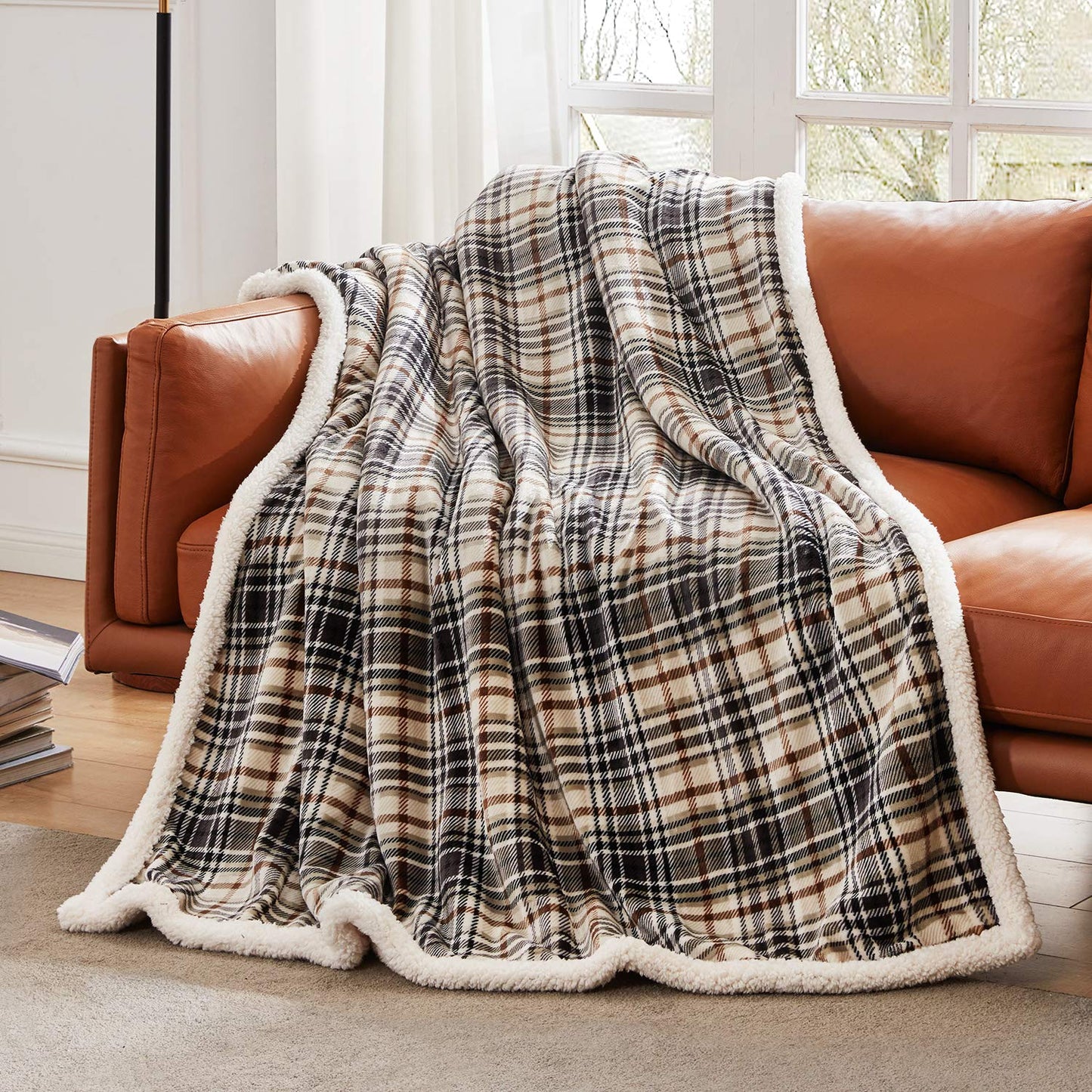 Touchat Sherpa Plaid Throw Blanket, Fuzzy Fluffy Cozy Soft Blanket, Fleece Flannel Plush Twin Size Microfiber Blanket for Couch Bed Sofa (60" X 70", Plaid Brown)