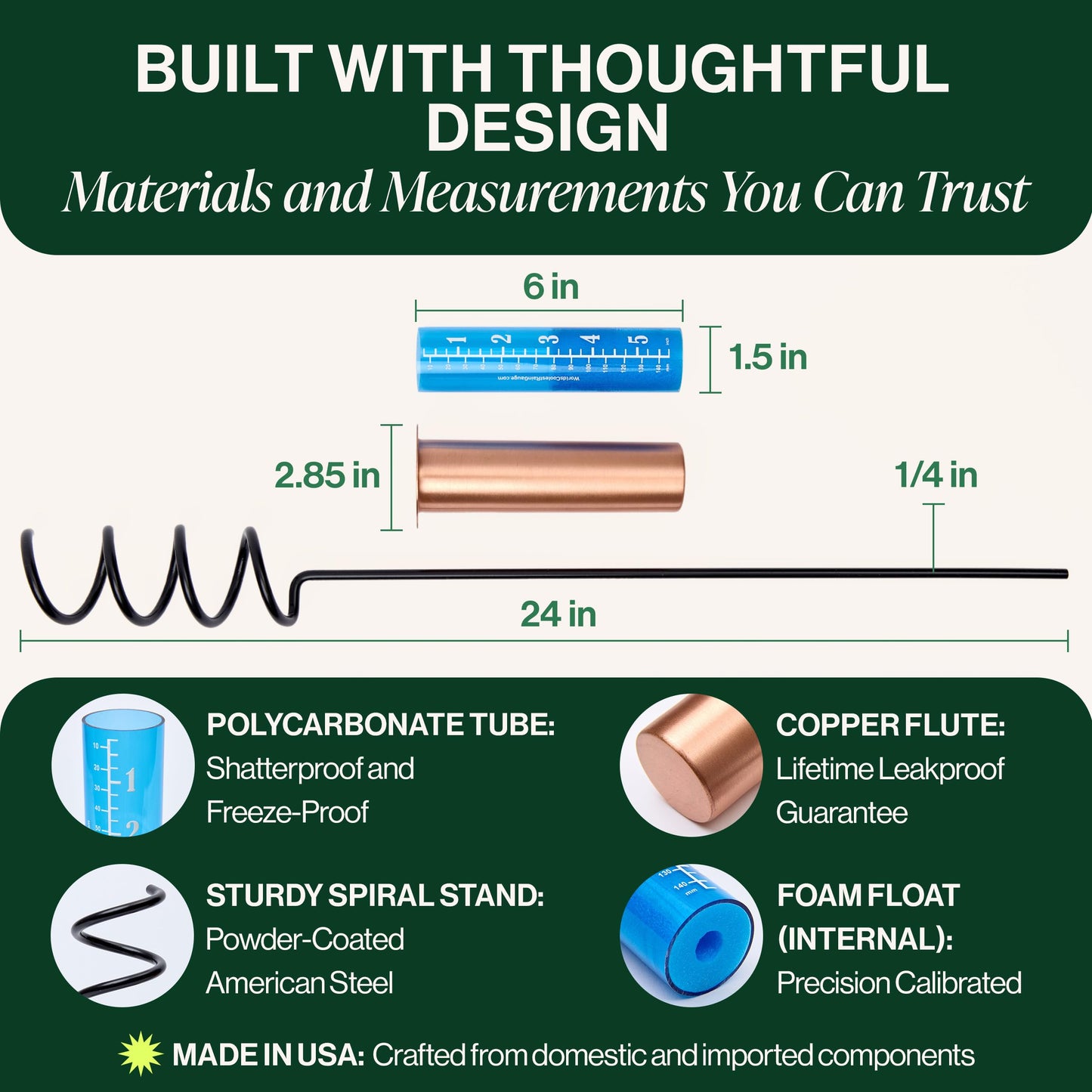 World's Coolest Rain Gauge Copper Rain Gauge Outdoor w/Steel Stake - Accurate, Decorative Garden Rain Gauges for Yard, Shatterproof, Winter-Safe - The Original Floating Rain Gauge