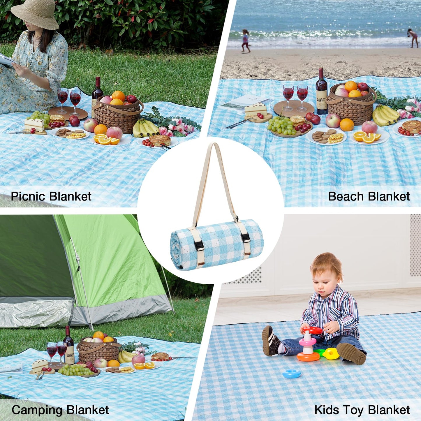 WILLOW WEAVE Picnic Blanket, 80''x80'' Waterproof Outdoor Blankets, Picnic Mat Washable for Beach, Picnic Blankets for Camping on Grass with Shoulder Strap - Blue & White