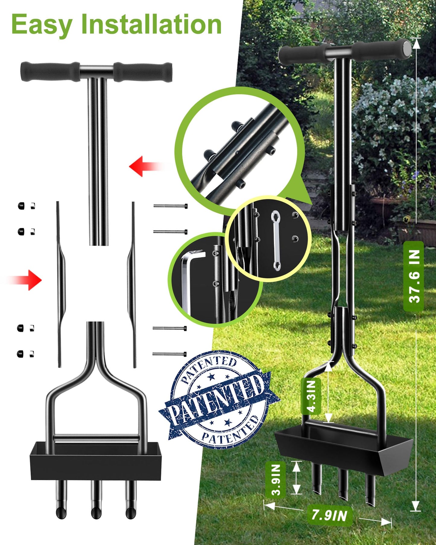 vanpein Lawn Aerator Coring Garden Tool with Soil Core Storage Tray, Manual Yard Plug Aerators & Clean Tool, Grass Aeration Gardening Tools with 3 Tines for Lawn Care, Compacted Soil, 37.6”