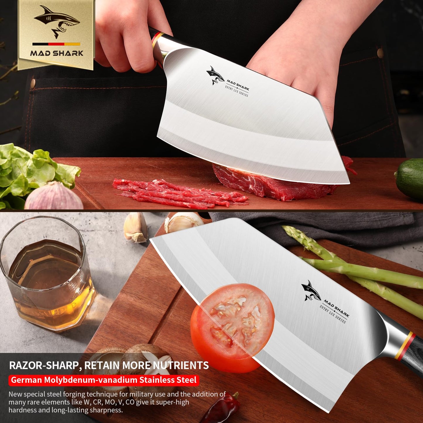 MAD SHARK High-end Cleaver Knife 7 Inch for Vegetable and Boneless Meat, Razor Sharp Chinese Chef Knife, kitchen Knife, Meat Cleaver Knife, Chopping Knife, with beautiful Pakkawood Handle