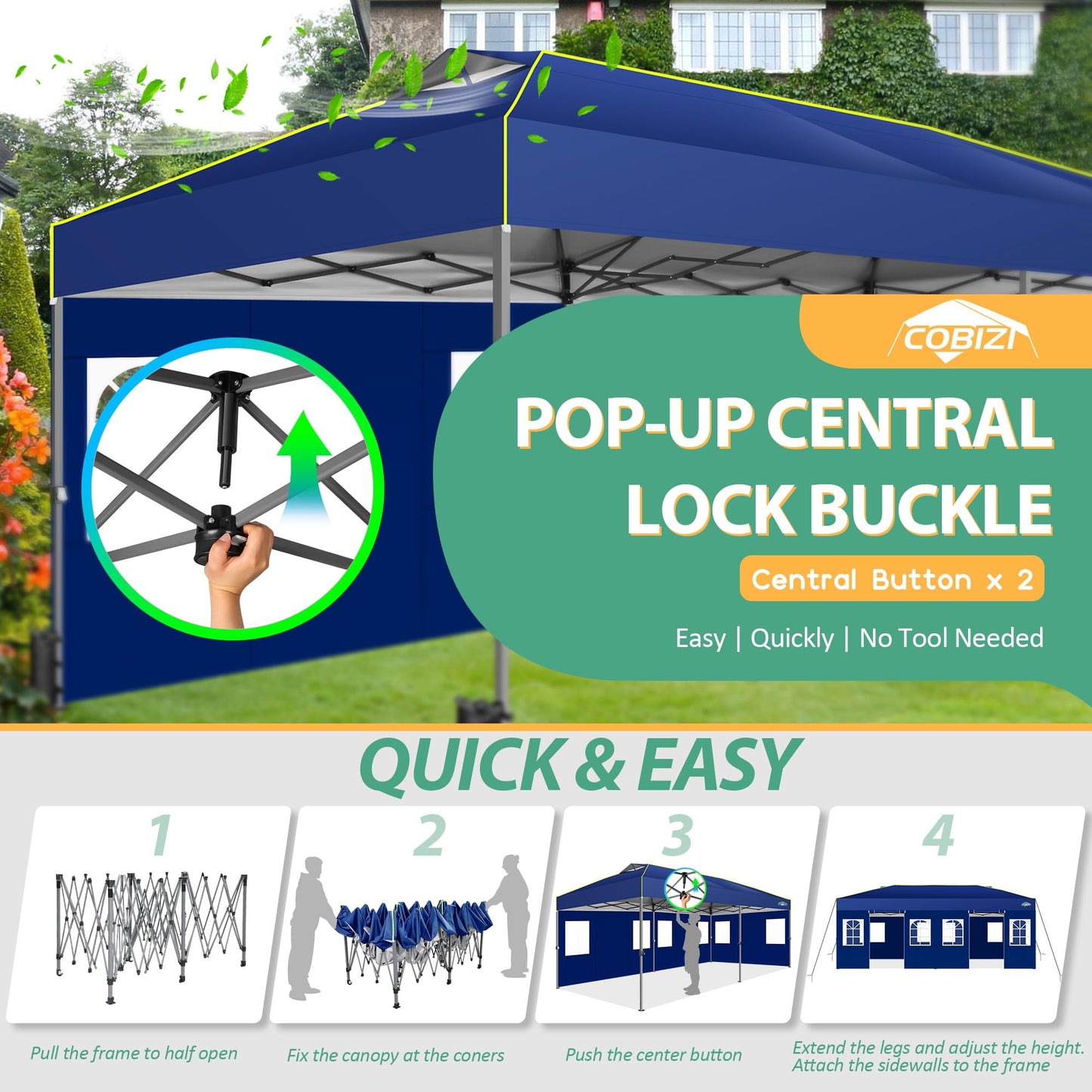 COBIZI 10x20 Pop Up Canopy with 6 Sidewalls One Push Setup Outdoor Event Shelter Waterproof UPF 50+ Gazebo Tent with Carry Bag,Air Vent,Sandbag for Wedding, Commercial, Party,Navy Blue