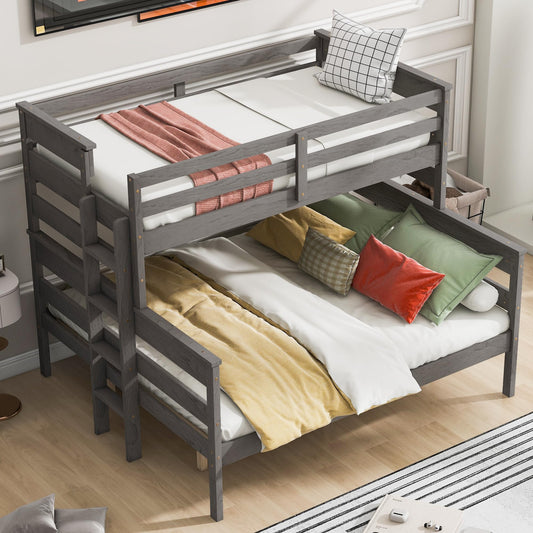 BIADNBZ Wooden Twin XL Over Queen Bunk Bed with Ladder and Full Length Guardrails, Solid Wood Low Bunkbeds, can be Convertible into Two Platform Bedframe, for Kids Teens Bedroom, Gray