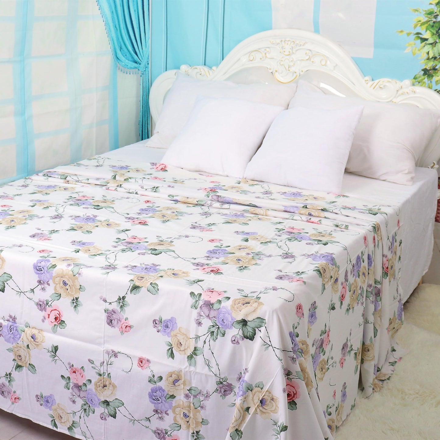 White Twin XL Size Flat Bed Sheet 100% Cotton Floral Printed Top Flat Sheet Only Machine Washable Top Sheets for Bed