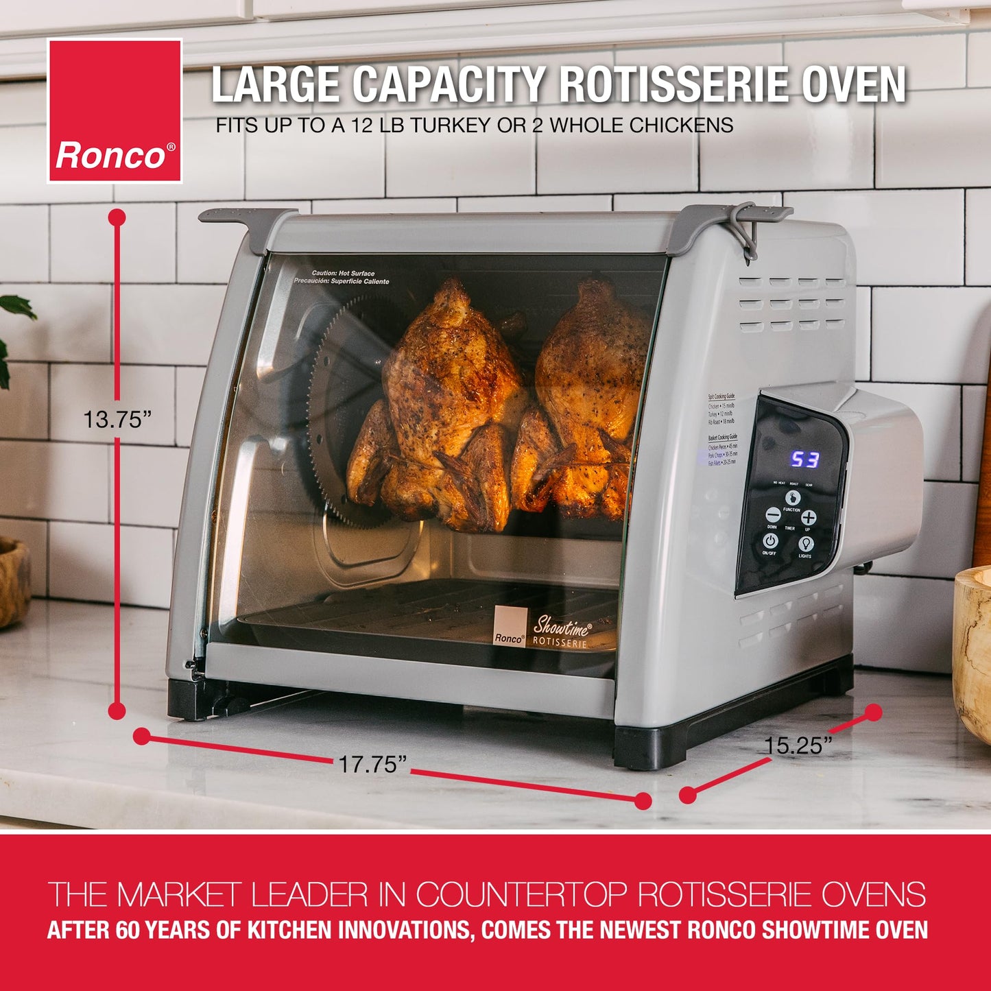 Ronco 6000 Platinum Series Rotisserie Oven, Digital Display, 12-Pound Capacity, Auto Shutoff, Includes Rotisserie Spit, Multi-Purpose Basket, 3 Cooking Functions: Rotisserie, Sear and No Heat Rotation