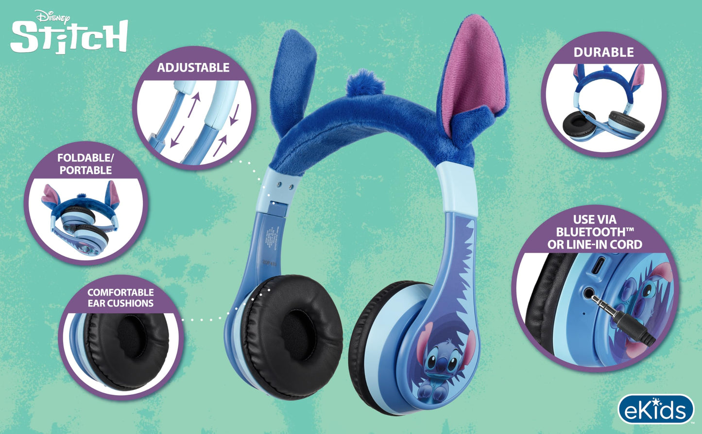 eKids Disney Stitch Bluetooth Headphones, Wireless Headphones with Microphone Includes Aux Cord, Volume Reduced Kids Foldable Headphones for School, Home, or Travel