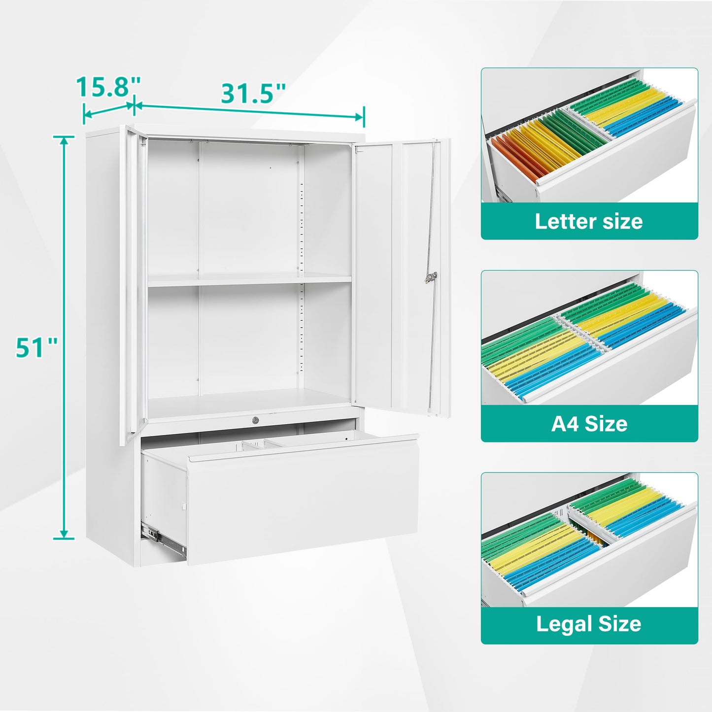 SISESOL Metal Storage Cabinet with Drawer,White File Cabinets, Locking Steel Storage Cabinet with Doors and Shelves for Home,Office,Warehouse,Garage,School,Fit A4/Letter/Legal File (1 Drawer)