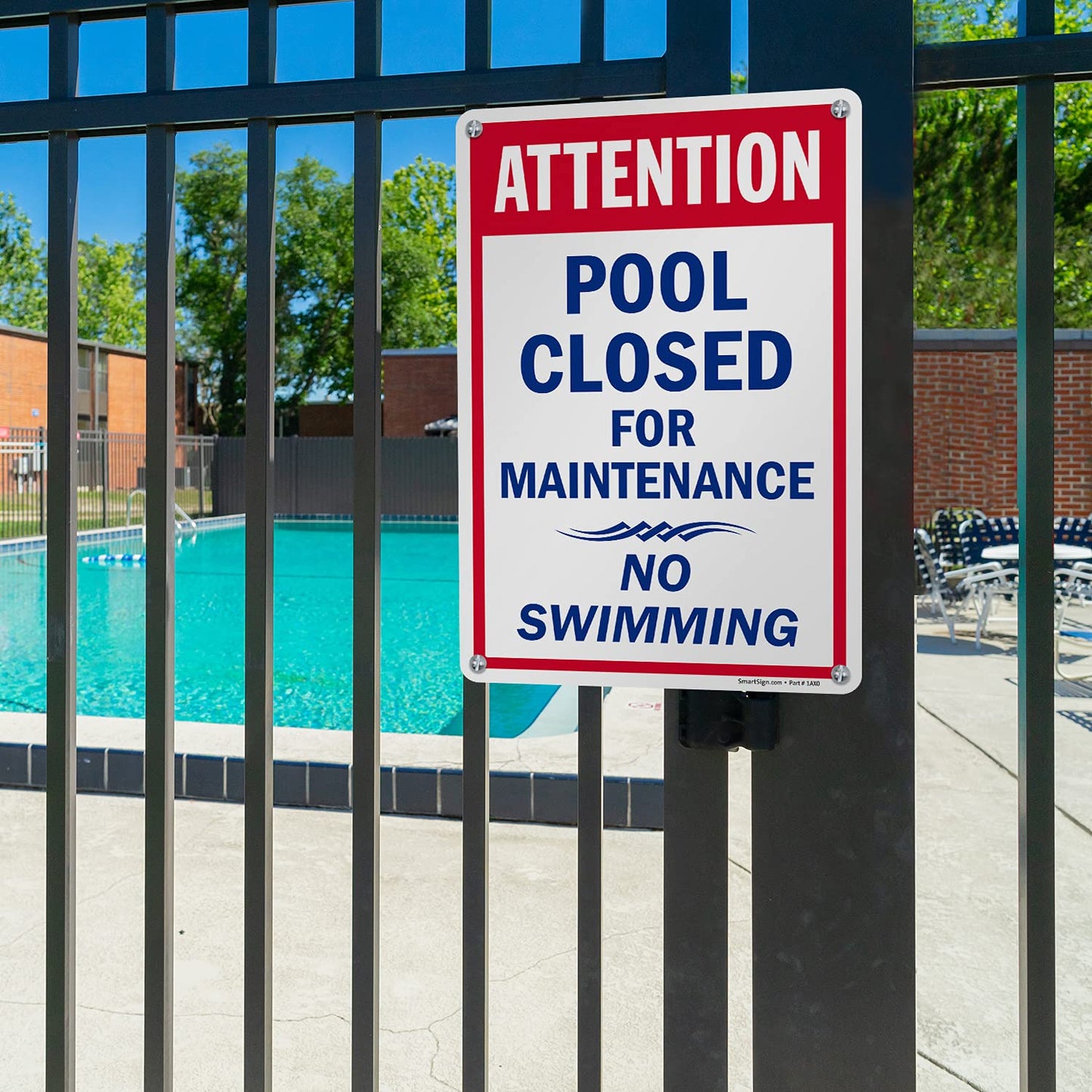 SmartSign-K-2377-PL "Attention - Pool Closed For Maintenance, No Swimming" Sign | 10" x 15" Plastic , Blue/Red on White