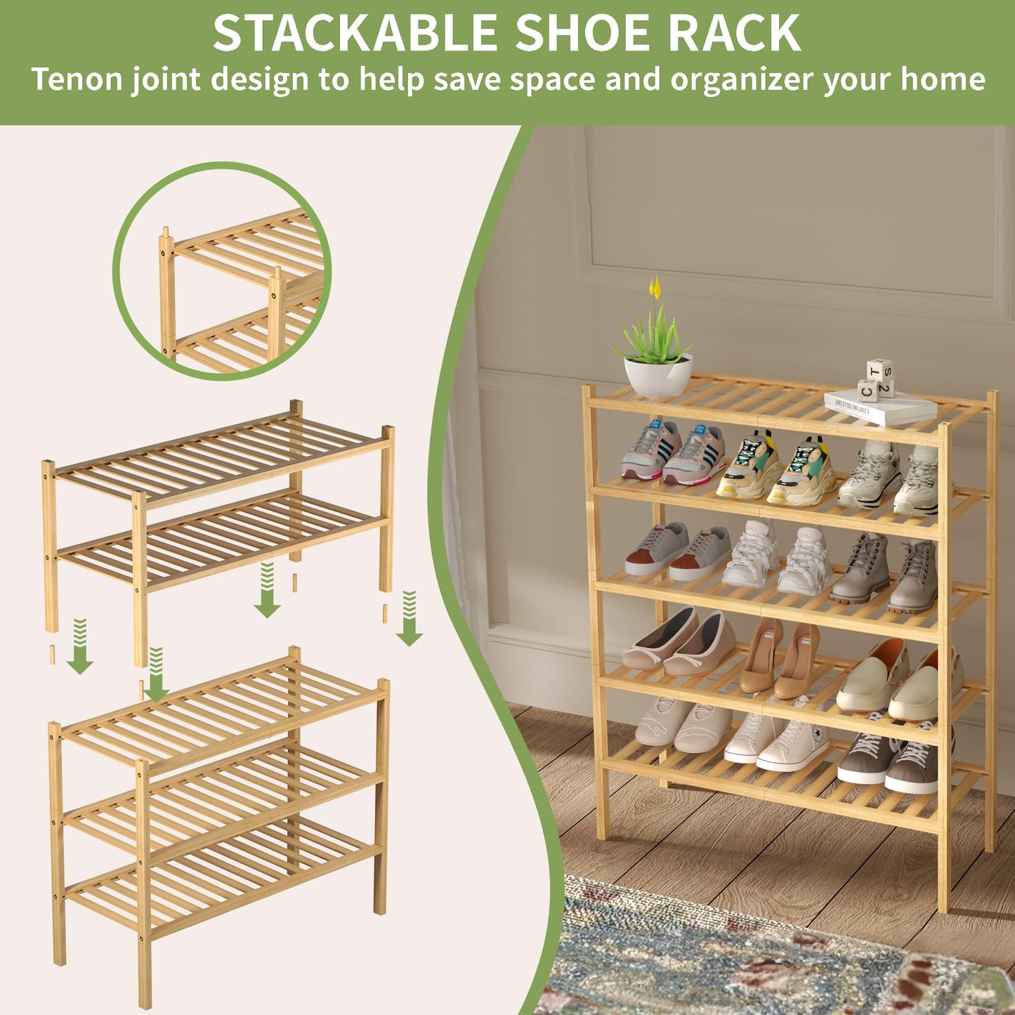 ROMGUAR CRAFT 3 Tier Bamboo Shoe Rack for Closet Free Standing Wood Shoe Shelf Storage Organizer for Entryway Small Space Stackable 27"x11"x20" (Natural)