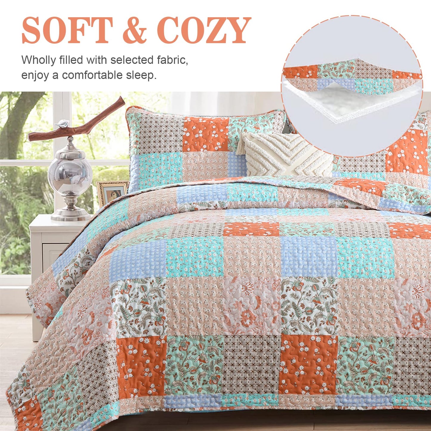 Queen Quilt Set Boho Orange Teal Patchwork Bedspread Floral Coverlet Reversible Spring Bed Quilt Set Soft Microfiber Bedding Farmhouse Garden Bed Sets for All Season