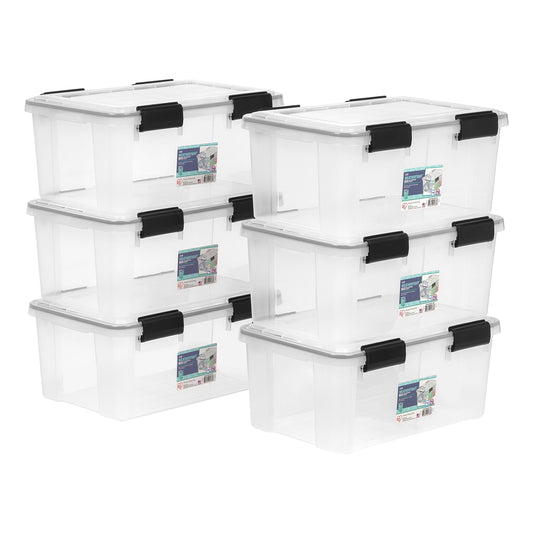 IRIS USA WeatherPro 19 Qt Storage Bins with Lids, 6 Pack, BPA-Free Plastic Gasket Box with Tight Latch and Seal, Stackable Nestable Tote Tub - Clear/Black