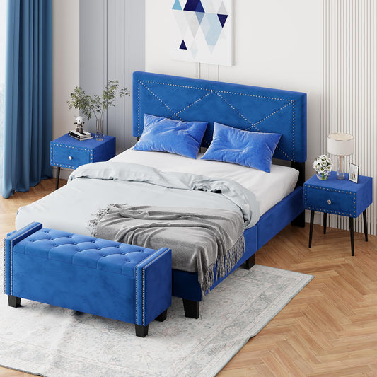 WOODRK 4-Piece Bedroom Furniture Set, Queen Size Upholstered Bed Frame with Rivet Design Headboard, 2 Nightstands All with Drawer, Tufted Ottoman with Storage Space, Space Saving, Blue