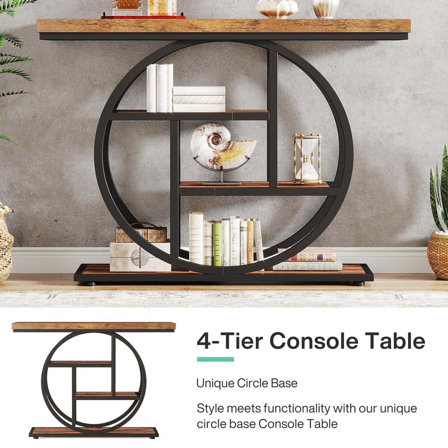 Tribesigns 41.3" Console Table, Industrial 4-Tier Sofa Table Entryway Table with Circle Base, Narrow Wood Accent Tables with Storage Shelves for Living Room, Hallway, Foyer, Rustic Brown