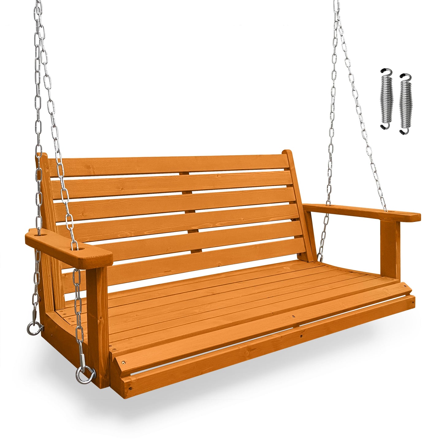 Wooden Porch Swing, Ergonomic Seat, Bench Swing with Hanging Chains and 7mm Springs, Heavy Duty 880 LBS, for Outdoor Patio Garden Yard (Amber, 2-Seater)