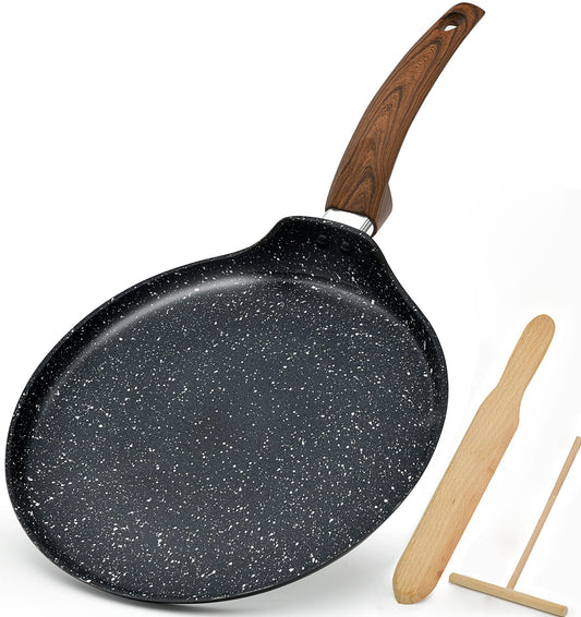 diig Non Stick Crepe Pan with Spreader Spatula, 11'' PFOA-Free Granite Stone Coating Dosa Pan, Flat Skillet Grill for Tortilla, Omelette, Pancake Induction Bottom Glass, Ceramic, Gas Stove Top, Black