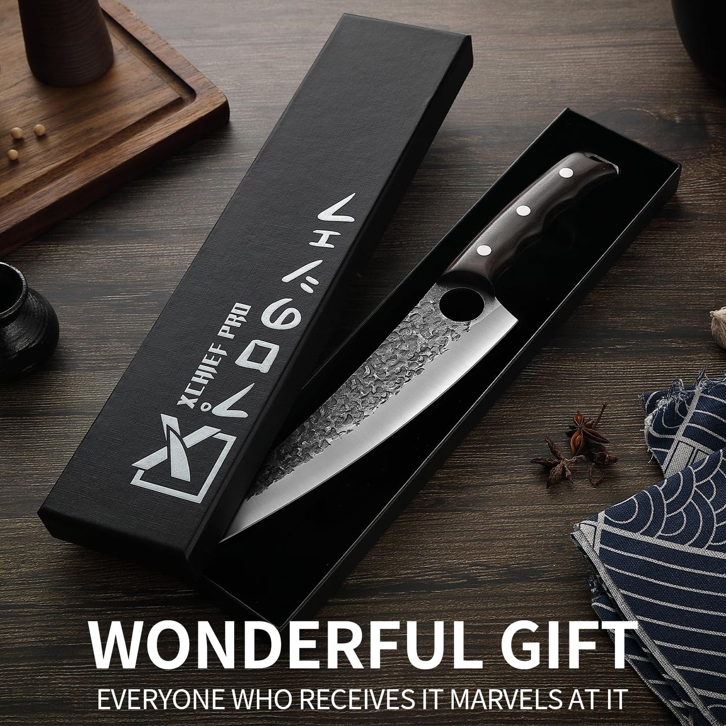 XCHIEF PRO 8.15'' Gyutou Chef Knife - Sharp Kitchen Knife for Meat Cutting, Japanese High-Carbon Steel Cooking Knife, Full Tang Design Butcher Knife, Kitchen Gadgets with Premium Gift Box