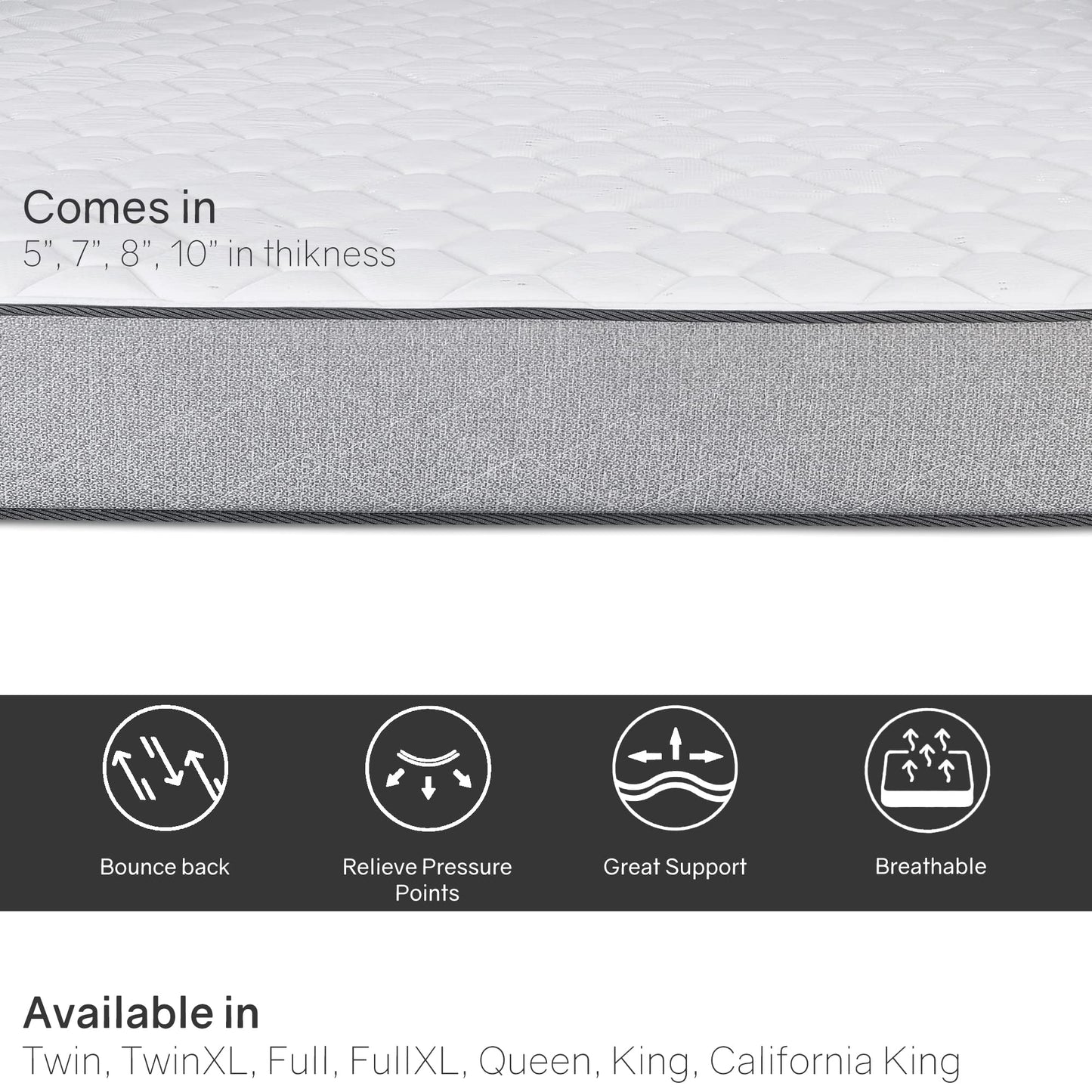 Wayton, 5/7/8/10 Inch Medium Firm High Density Foam Mattress, Comfortable Mattress for Cooler Sleep Supportive & Pressure Relief, Full XL, White