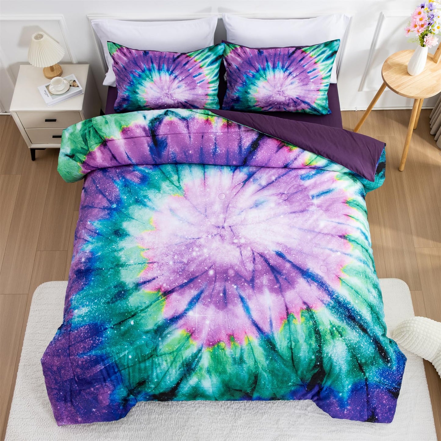 A Nice Night Bedding Tie Dye Galaxy Comforter Set, Psychedelic Swirl Pattern Colorful Boho, for Boys Girls Bedding Sets Purple, Twin