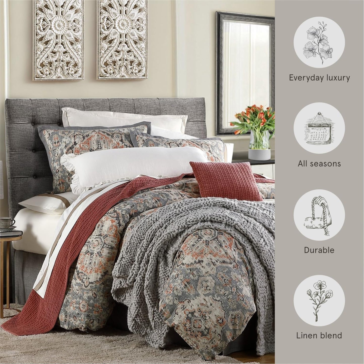 HiEnd Accents Carmen Kilim 3 Piece Comforter Set with Pillow Shams, Gray Medallion, Super King Size, Modern, Traditional, Rustic Style Luxury Bedding Set, 1 Comforter and 2 Pillowcases