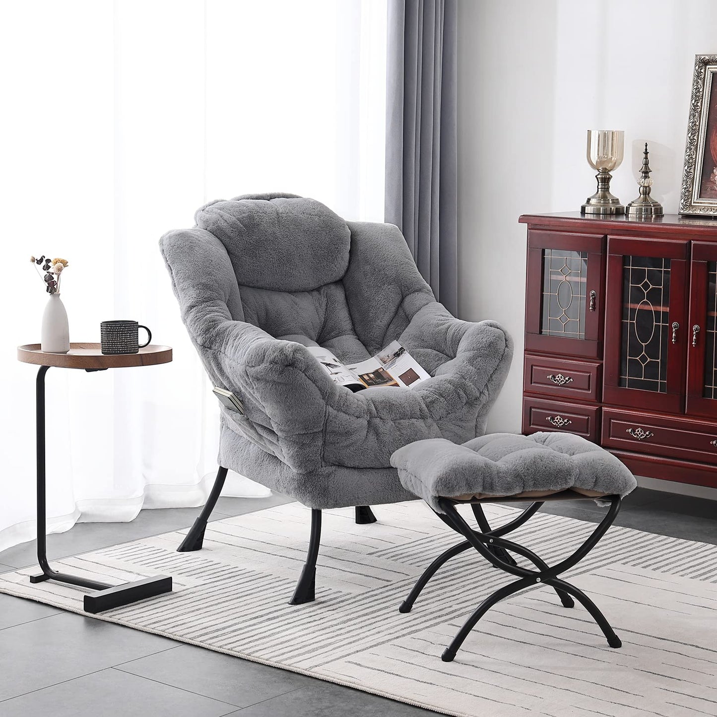 Welnow Lazy Chair with Ottoman, Modern Lounge Accent Chair with Armrests and a Side Pocket, Leisure Sofa Chair Set, Reading Chair with Footrest for Small Space, Corner Chair, Plush Grey