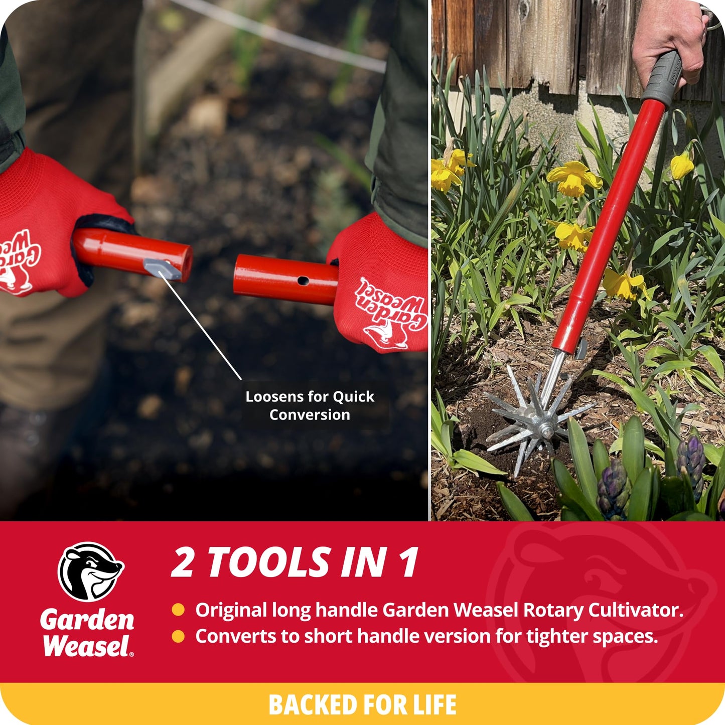 Garden Weasel Rotary Cultivator & Hand Tiller - 2-in-1 | Aerate, Weed, Cultivate, Plant, Reseed | Lawn Reseeding Garden Tool, Garden Soil Loosener | 91206