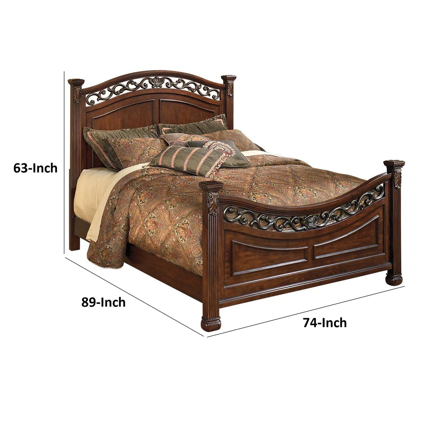 Benjara Aza Traditional Wood California King Bed, Leaf Carvings, Rich Cherry Brown