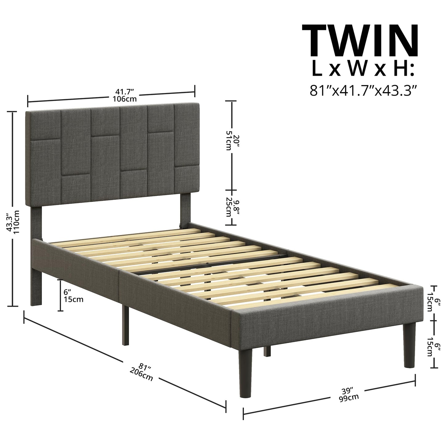 LIKIMIO Twin XL Bed Frame with Headboard, Modern Upholstered Platform Bed with Headboard and Wood Slat Support, Noise-Free, No Box Spring Required, Grey