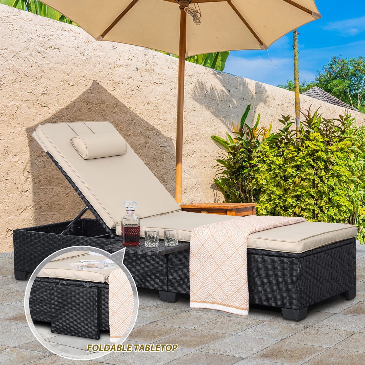 WAROOM Outdoor PE Wicker Chaise Lounge Chairs Set of 2 Patio Black Rattan Reclining Chair Adjustable Backrest Pool Sunbathing Recliners with Furniture Cover, Khaki