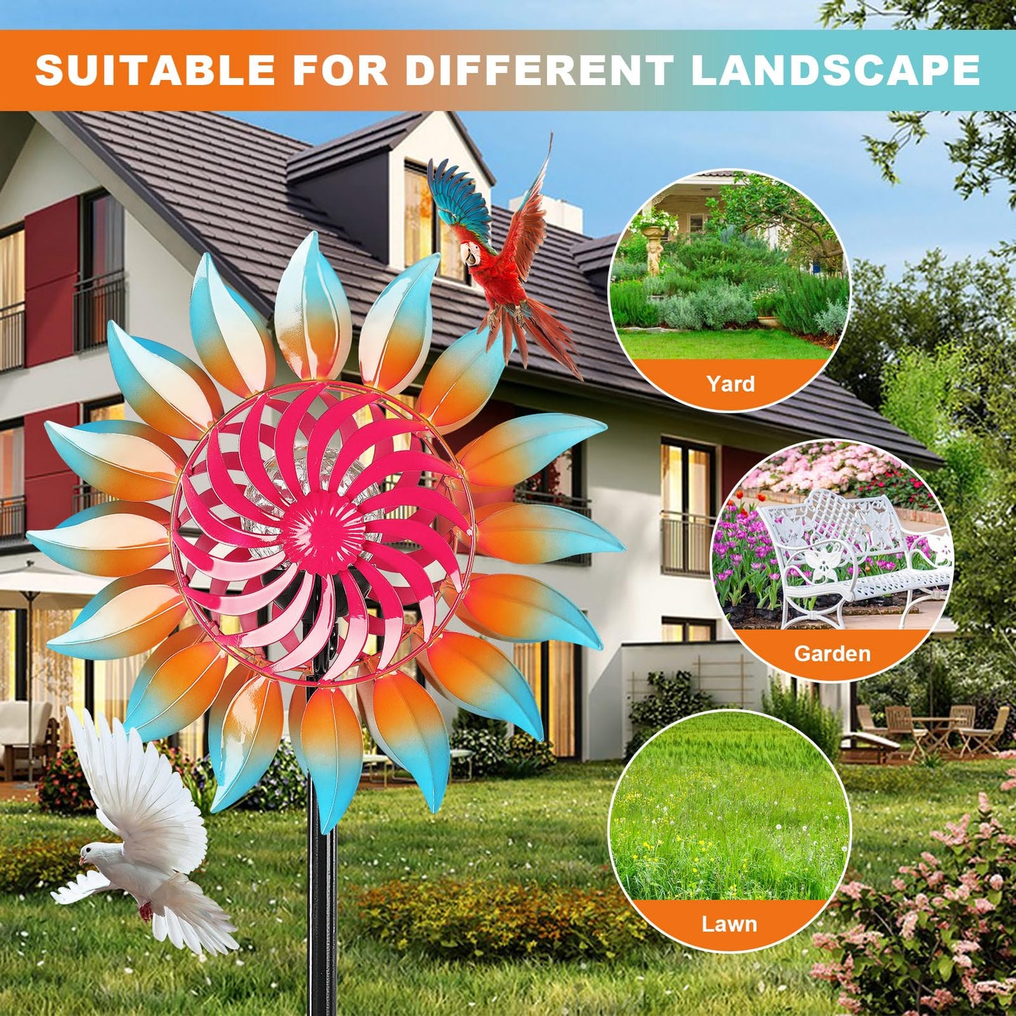 Solar Wind Spinner-Wind Spinners for Yard and Garden Metal Yard Art Kinetic Wind Spinner 75 in with Solar Powered Glass Ball for Yard Garden Backyard Lawn Decorations