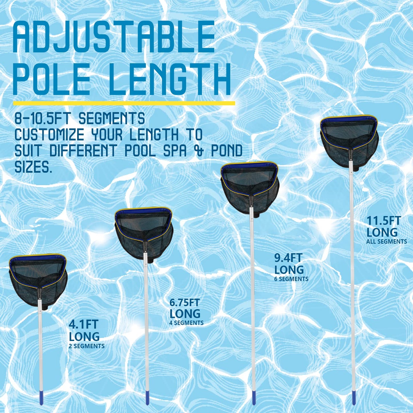 Poolvio Pool Deep Skimmer Net with 3ft - 10ft 1.0mm Thick Adjustable Aluminum Pole & Fine Mesh Bag Leaf Skimmer Rake Net for Above Ground & Inground Swimming Pools, Removes All Debris