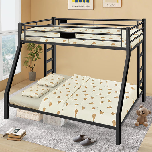 Twin XL Over Queen Bunk Bed, Heavy Duty Metal Bunk Bed Frame with 2 Removable Ladders & Safety Guard Rail Space-Saving Bunk Bed for Boys, Girls, Adults, Noise-Free & No Box Spring Needed, Sandy Black