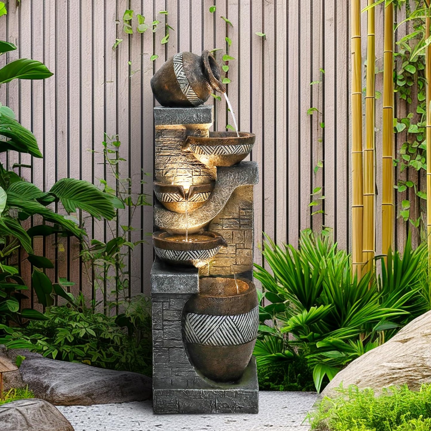 SunJet 5-Tiers Indoor/Outdoor Garden Water Fountain - 42.5inches Modern Floor-Standing Cascading Water Feature - Suitable for Deck, Patio, Porch, Yard Decor