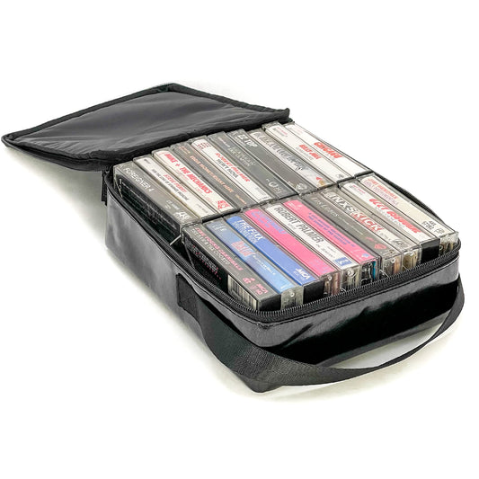 Fydelity Audio Cassette Tape Storage Case Hold 20 Cassettes - Metallic Design w/ Padded Walls - Foam Pad & Zipper Top Cassette Tape Holder for car - Music Cassette Tape case w/ Carry Handle | Black