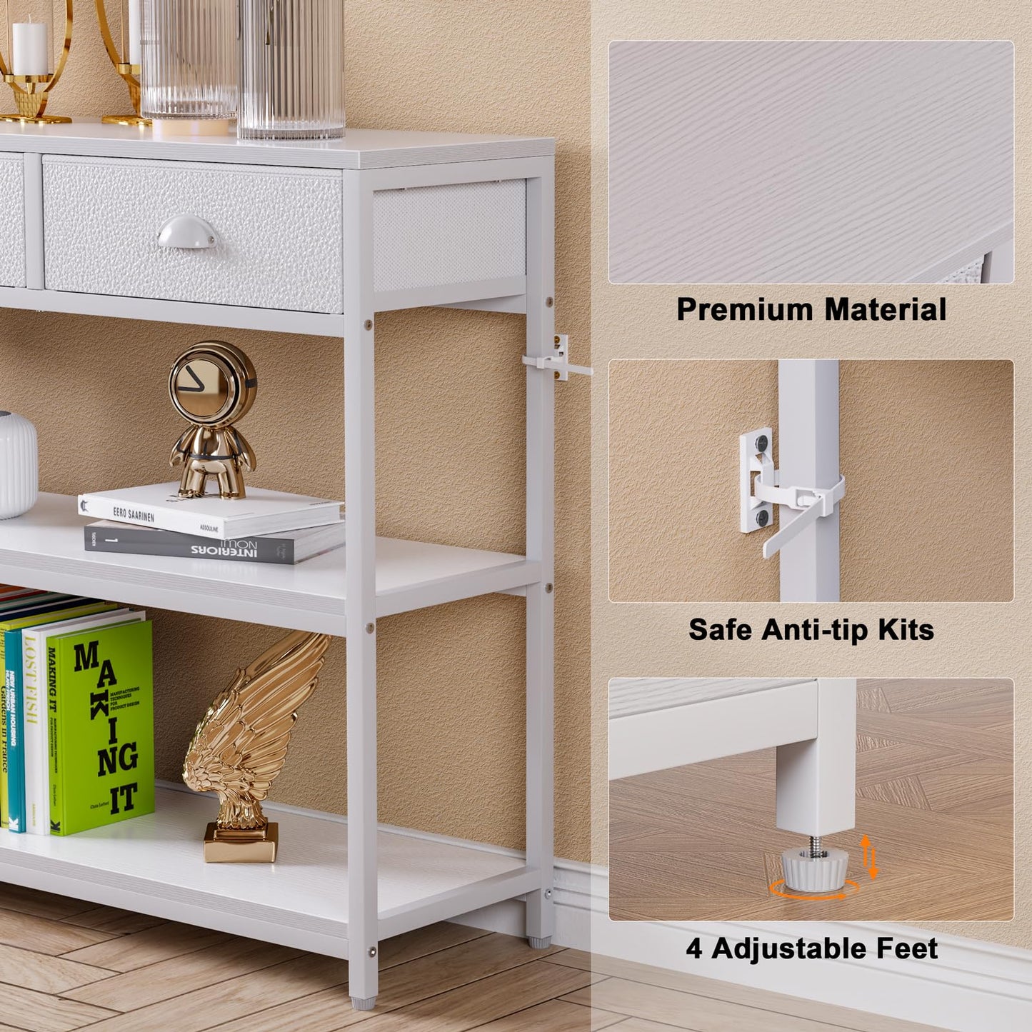 White Long 47" Console Sofa Table with 3 Drawers, Entryway Table with 3-Tier Storage Shelves, Display Shelf for Entry Way, Hallway, Couch, Living Room, Kitchen, Foyer