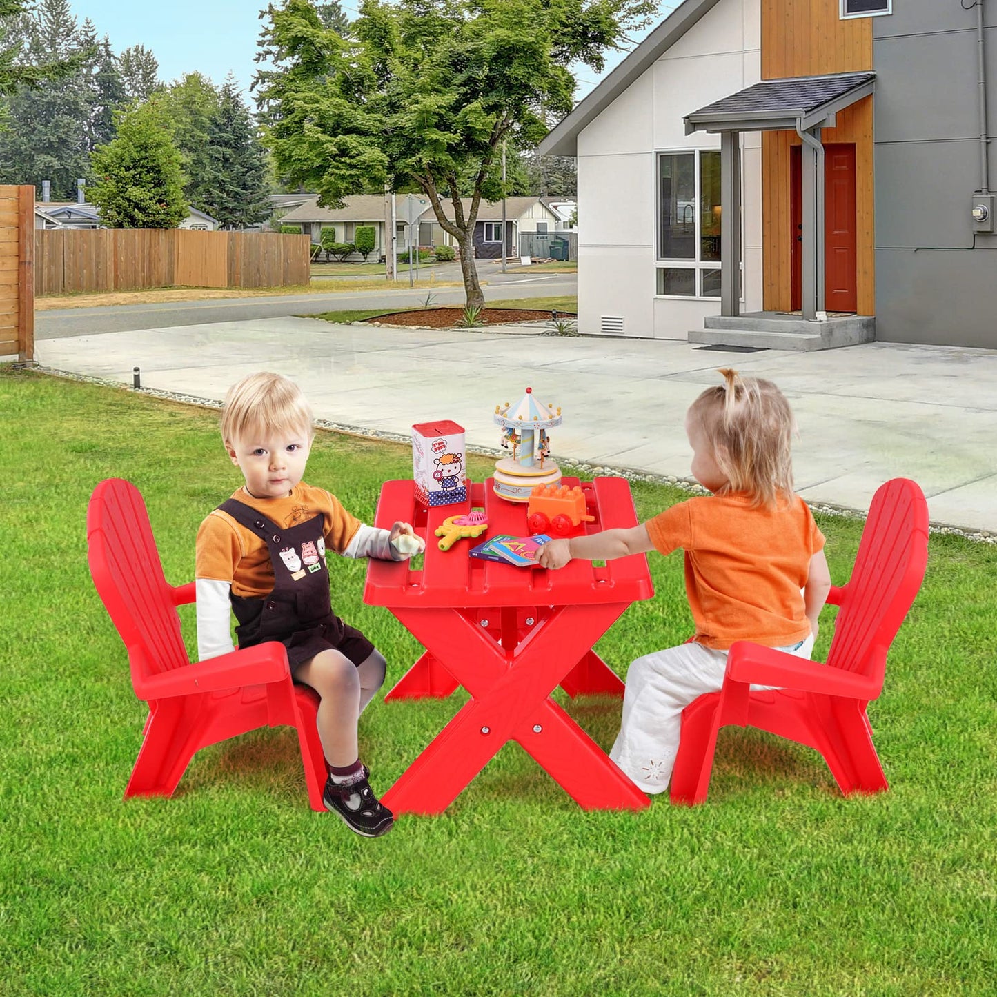 COSTWAY Kids Outdoor Table & Chair Set, Toddler Play Table with 2 Adirondack Chairs, 3 Pcs Kids Backyard Furniture, Stackable Design for Saving Space, for Beach, Garden, Lawn (Red)