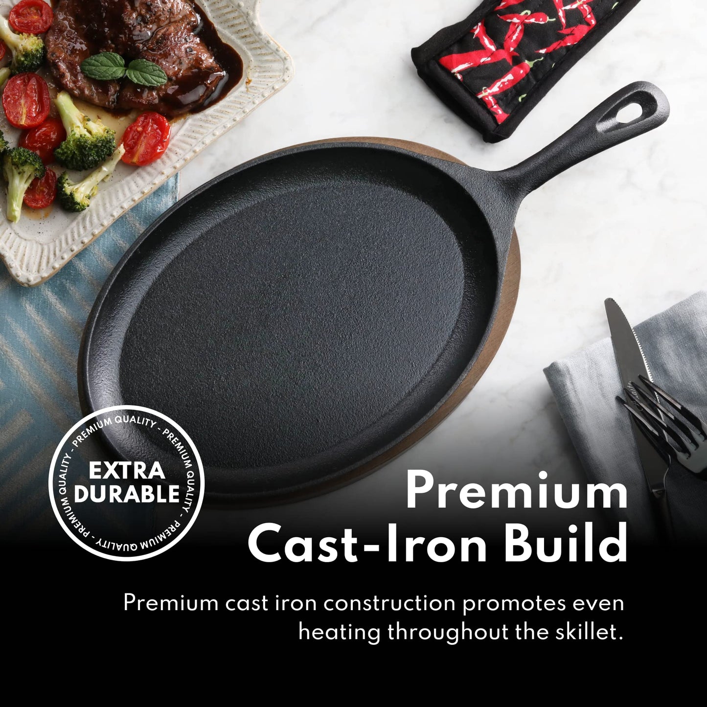 New Star Foodservice 1028614 Commerical Grade Cast Iron Fajita Set, Sizzling Skillet, Japanese Steak Plate
