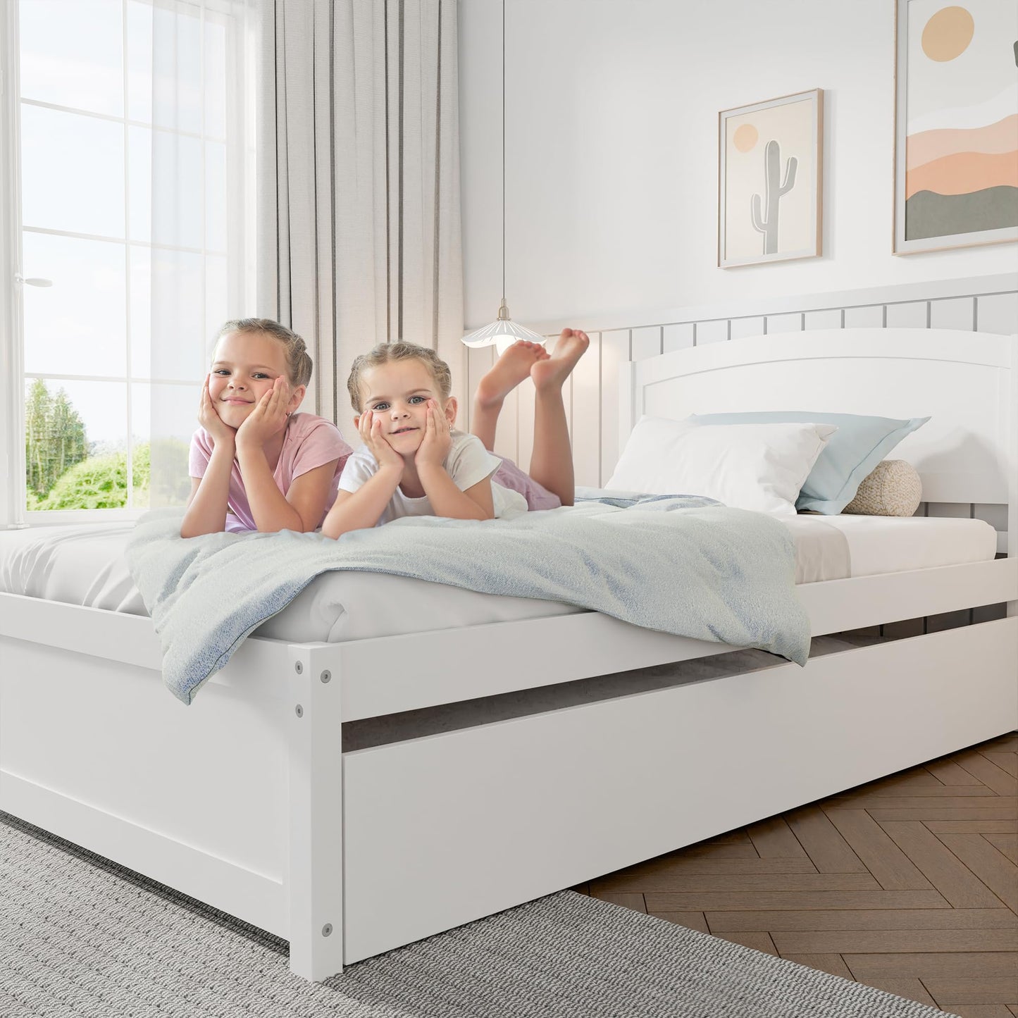 TOLEAD Daybed with Trundle, Twin Size Pull Out Bed, Solid Wood Extendable Day Bed with Pop Up Trundle, Include Slat Support (White, Trundle)
