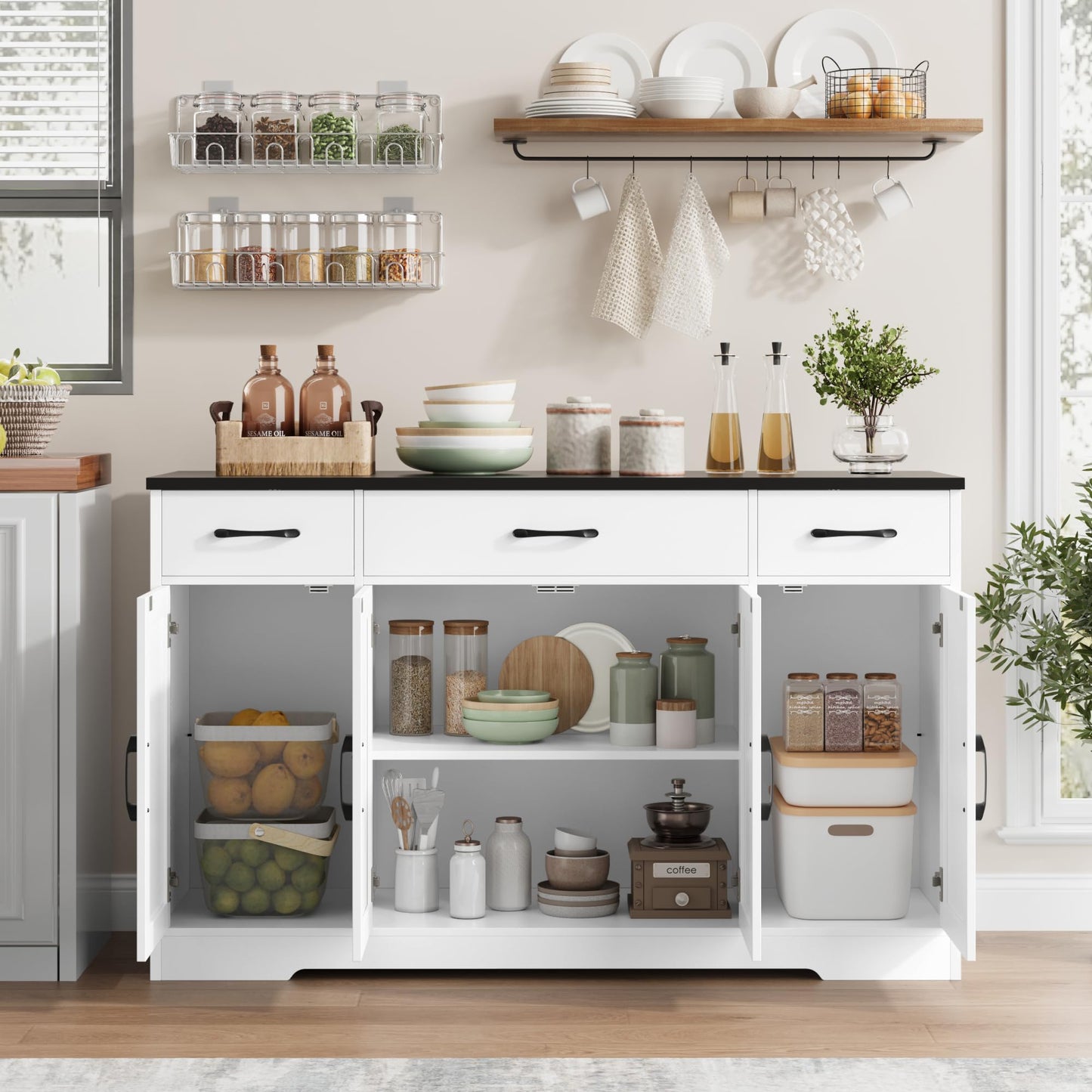 HOSTACK Buffet Sideboard Cabinet with Drawers, 55" Large Buffet Storage Cabinet with Shelves and Doors, Modern Farmhouse Coffee Bar Cabinet Wood Buffet Table for Kitchen, Dining Room, White/Black