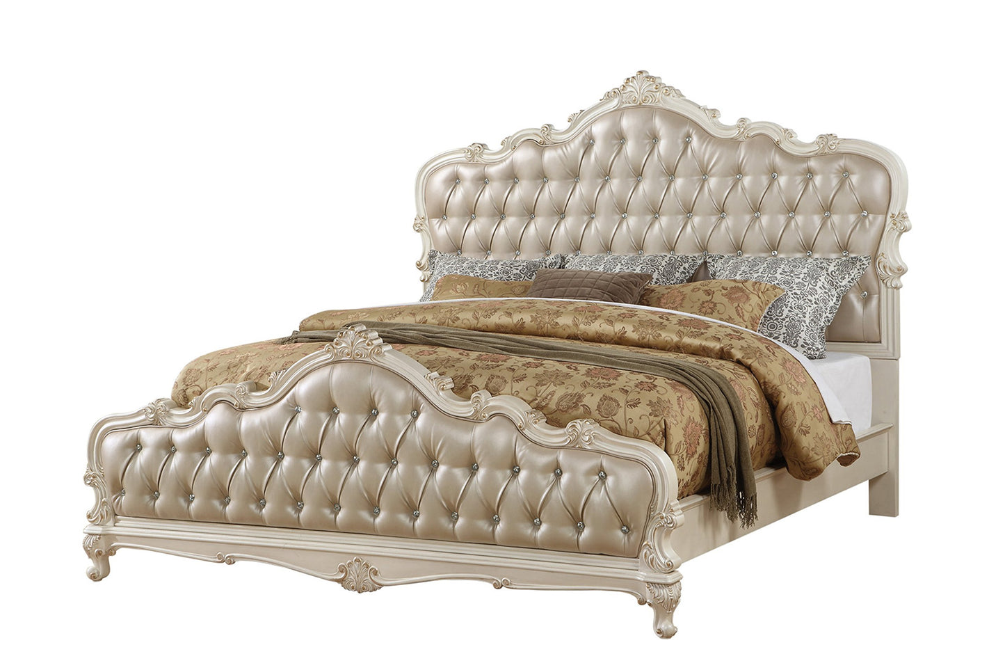 Acme Chantelle California King Tufted Faux Leather Bed in Rose Gold and White