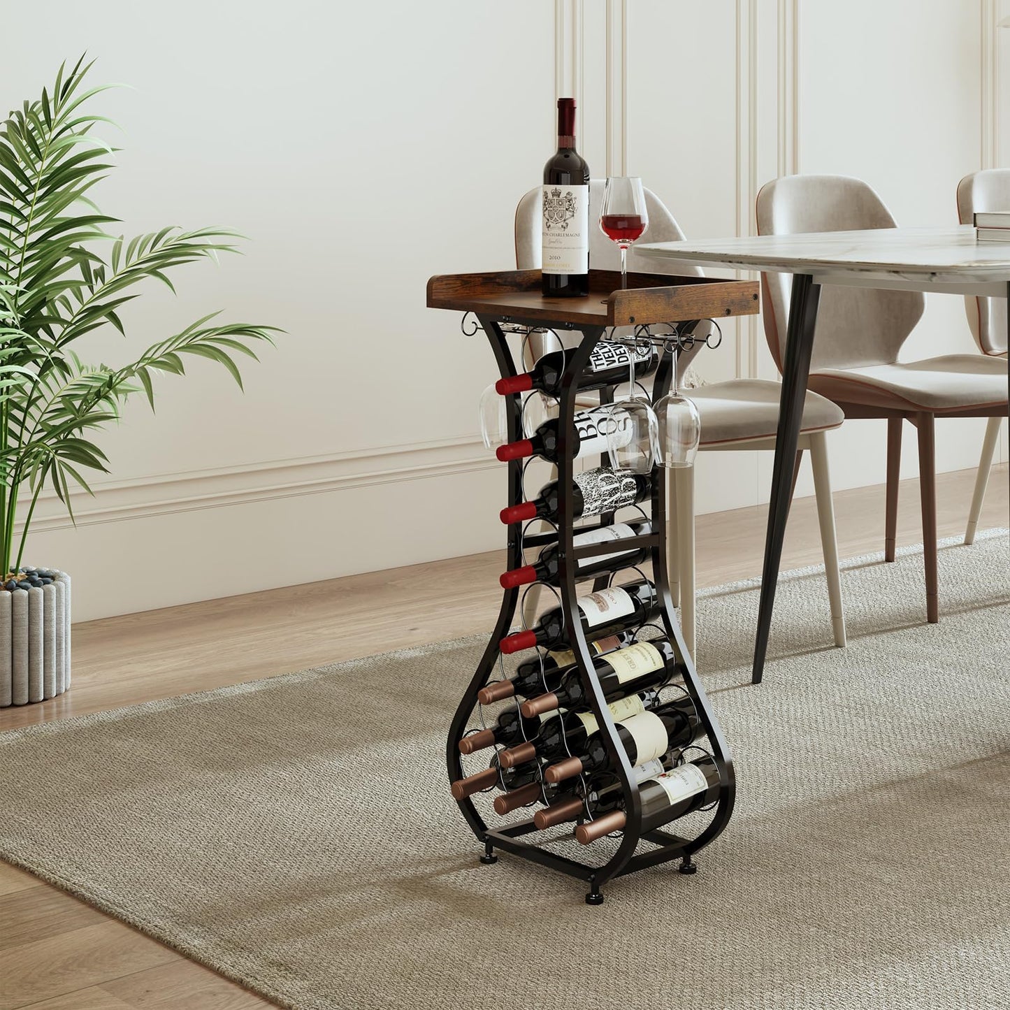 X-cosrack Wine Rack Freestanding Floor, Mini Bar Table Wine Holder Stand Liquor Cabinet with Glass Holder Wood Tabletop 14 Bottles Floor Wine Storage for Home Bar Kitchen Dining Living Room