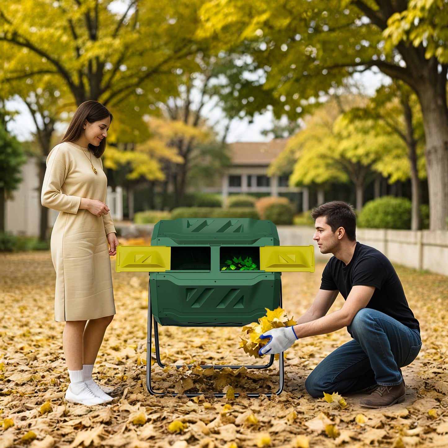 F2C Compost Bin Outdoor Dual Chamber Tumbling Composter 43 Gallon BPA Free Large Tumbler Composters Tumbling or Rotating w/Sliding Doors & Solid Steel Frame Garden Yard Black