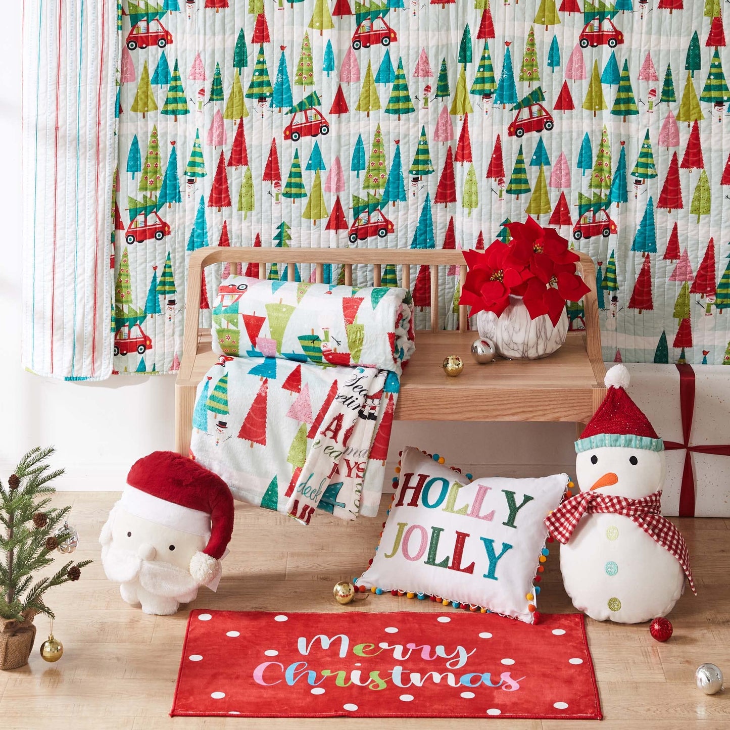 Levtex Home Merry & Bright Collecion - Holly Jolly Quilt - Full/Queen - Christmas Tree - Red Green Teal Pink - Quilt (86x86in.) - Reversible - Microfiber