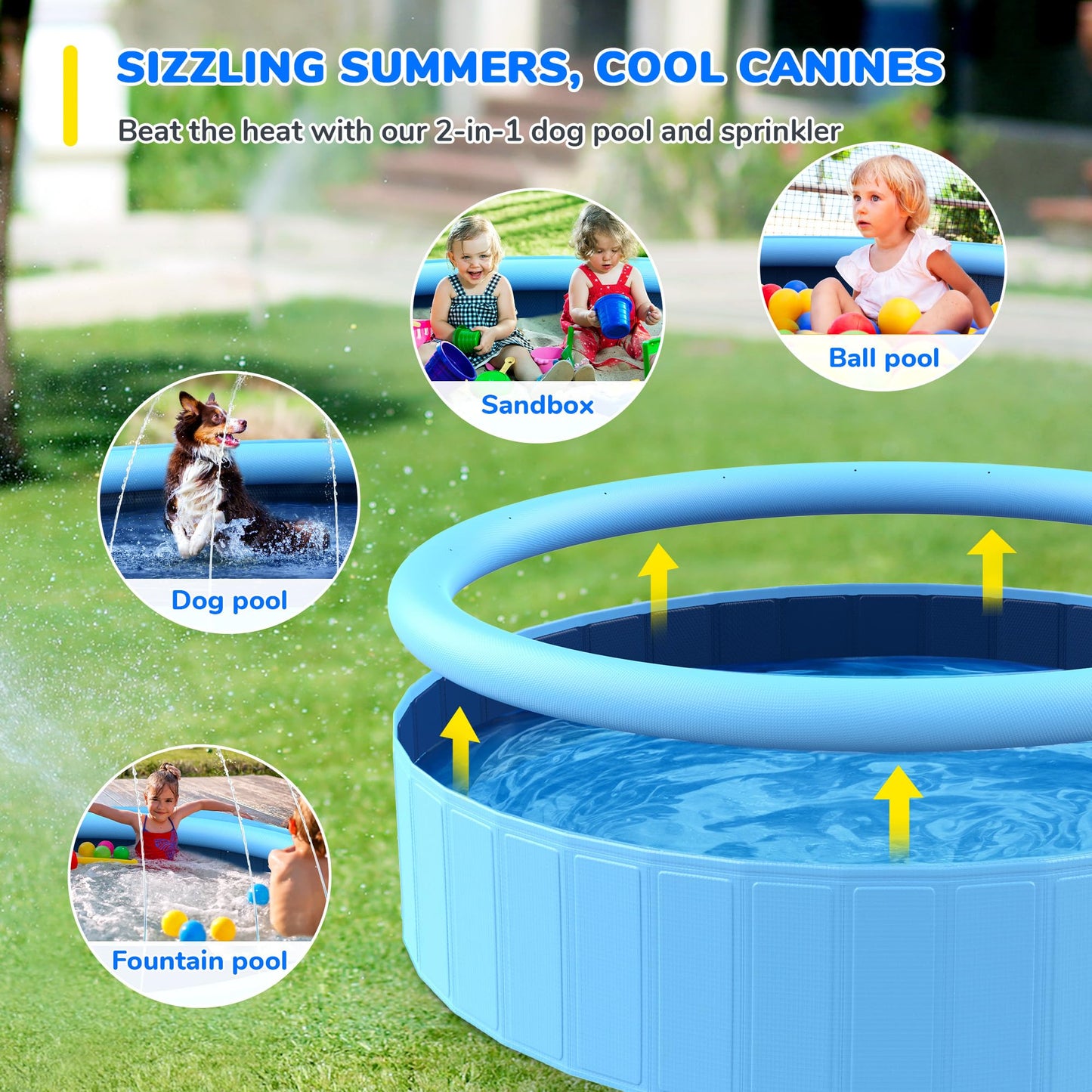 Bilibara 71'' Foldable Dog Pool, Sprinkler Pool for Kids, Non-Slip Kids Pool, Dog Swimming Pool for Kids, Heavy Duty Dogs Splash Pad Pools for Large Dogs, Hard Plastic Kiddie Pool for Backyard