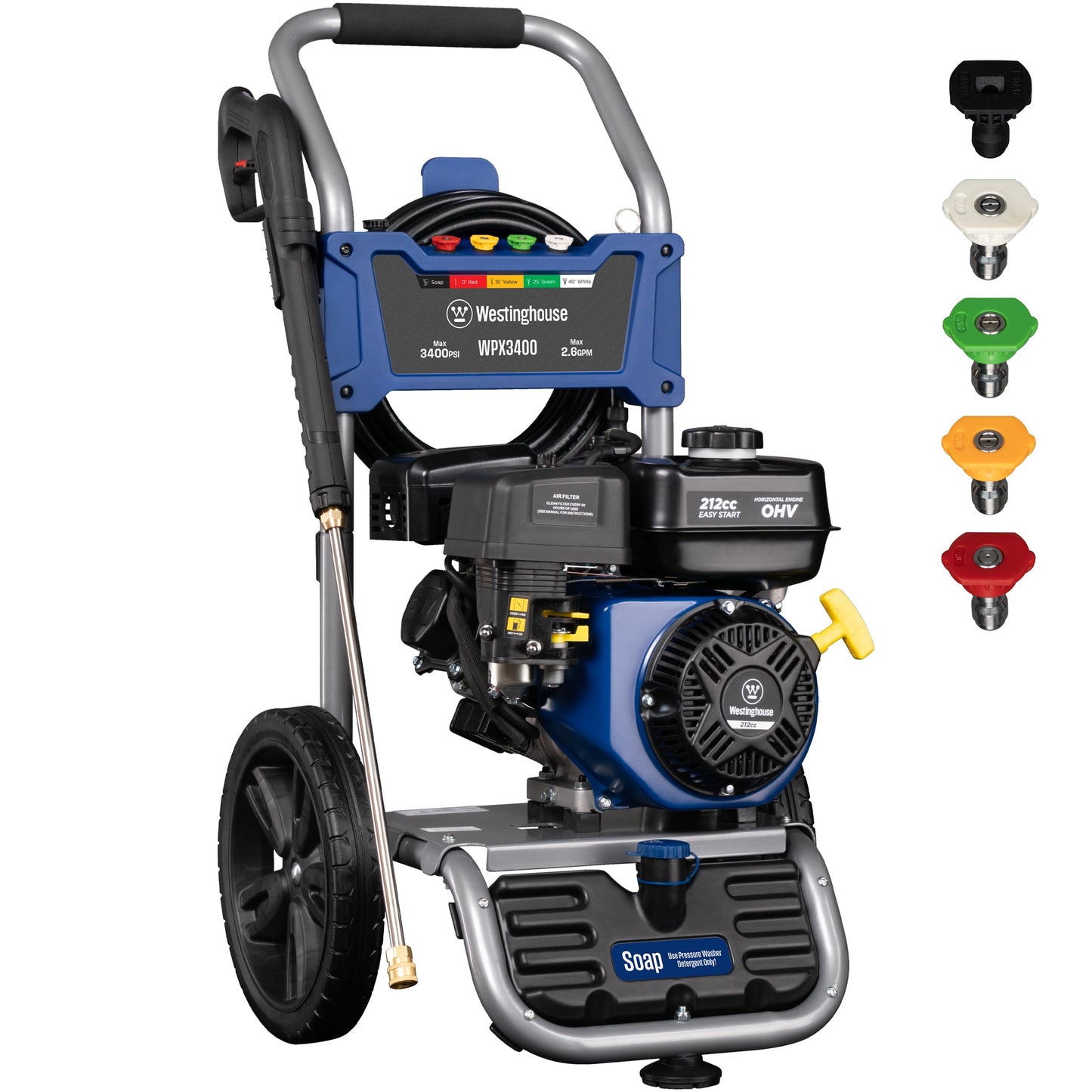 Westinghouse WPX3400 Gas Pressure Washer, 3400 PSI and 2.6 Max GPM, Onboard Soap Tank, Spray Gun and Wand, 5 Nozzle Set, for Cars/Fences/Driveways/Homes/Patios/Furniture